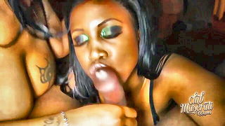 Ebony MILFs share hard dick sex video, cowgirl tag